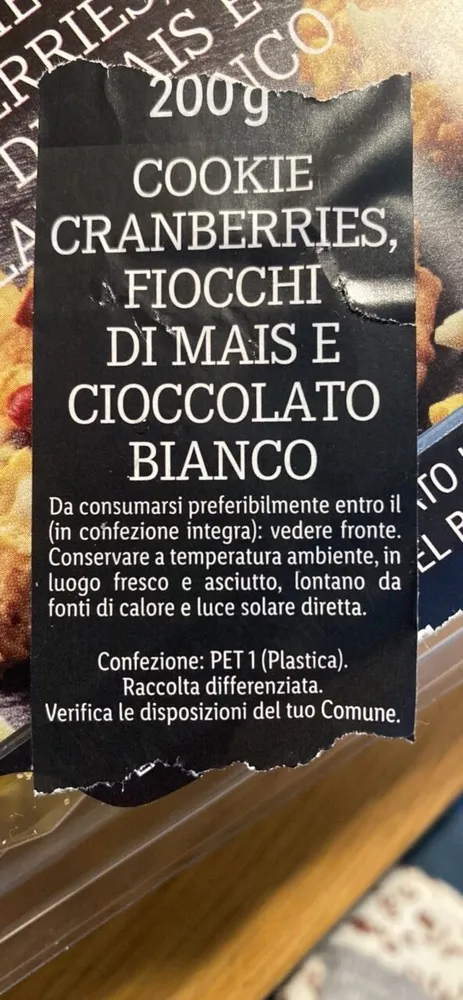 Cookies, Granberries fiocchi di mais e cioccolato bianco