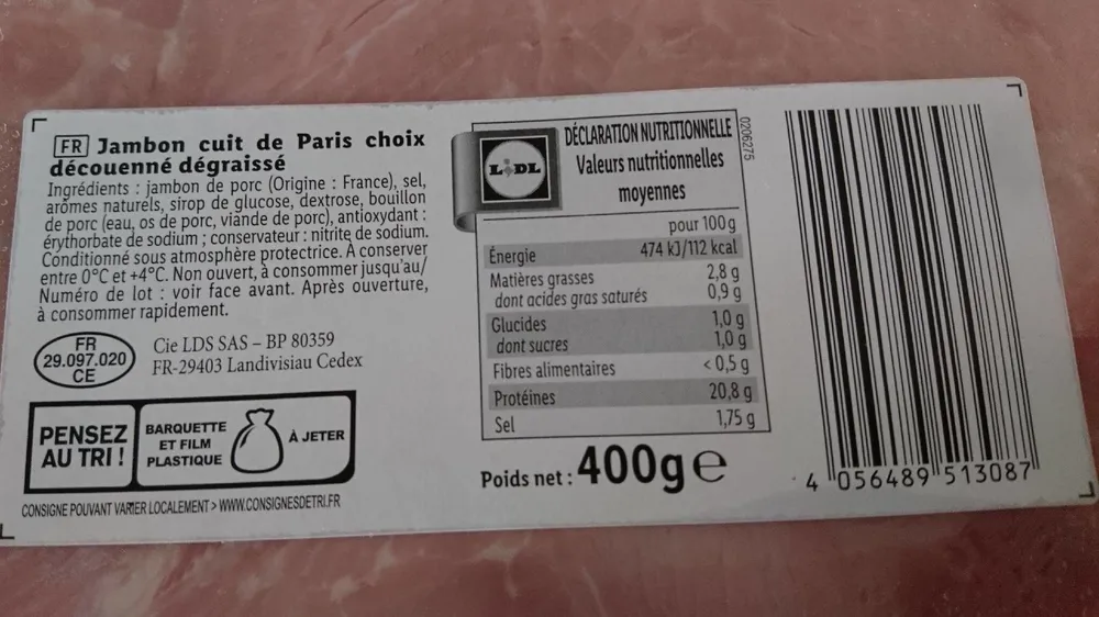 Jambon cuit de Paris découenné dégraissé