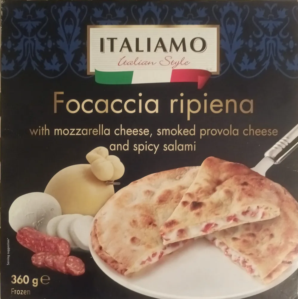 Focaccia ripiena with mozzarella cheese, smoked provola cheese and spicy salami