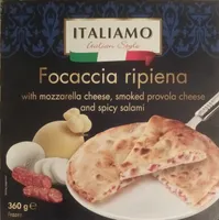 Focaccia ripiena with mozzarella cheese, smoked provola cheese and spicy salami