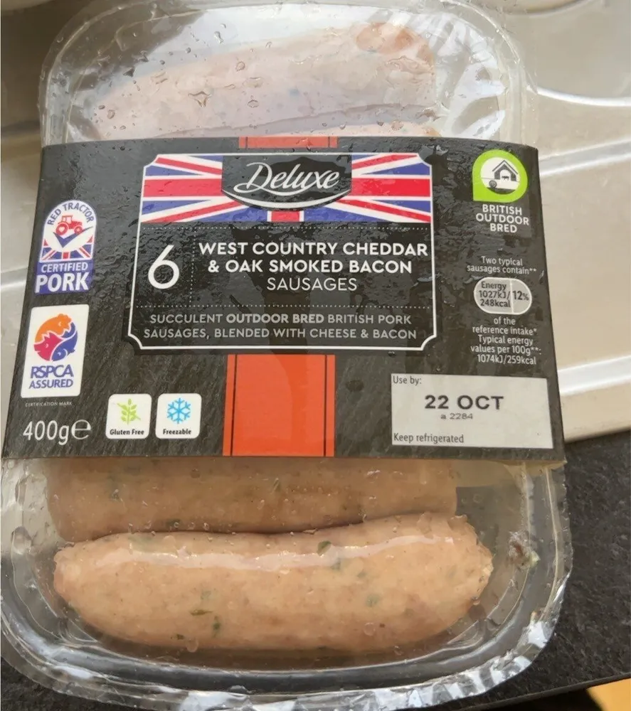 West Country cheddar and oak smoked bacon sausages