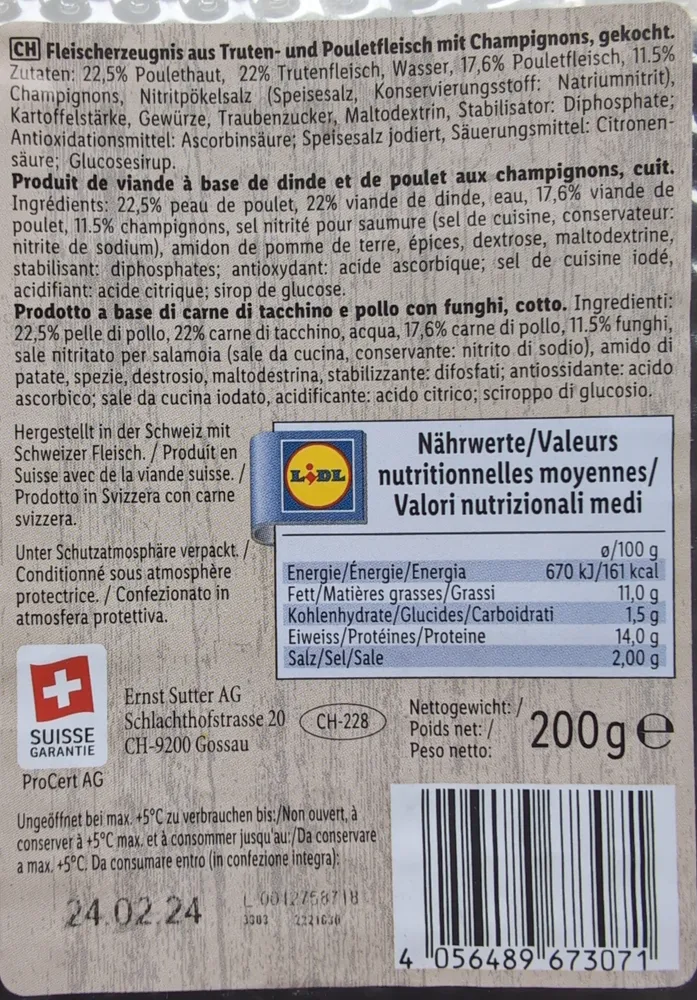 Fleischerzeugnis aus Truten- und Pouletfleisch mit Champignons, gekocht