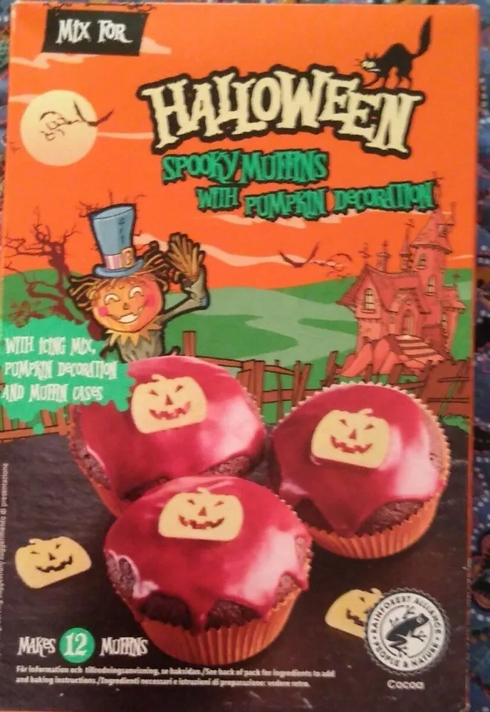 Mix for halloween spooky muffins with pumpkin decoration