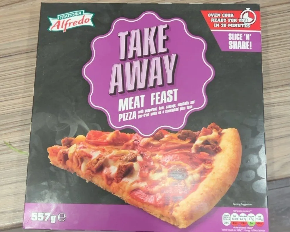 Take away alfredo meat feast pizza