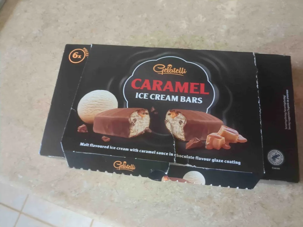 Barley malt flavoured dairy ice cream with 15.7% caramel sauce, coated in 31.9% chocolate