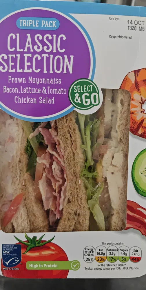 Prawn Mayonnaise Bacon, Lettuce & Tomato Chicken Salad Sandwich