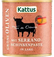 Grüne Oliven mit Serrano-Schinkenpaste