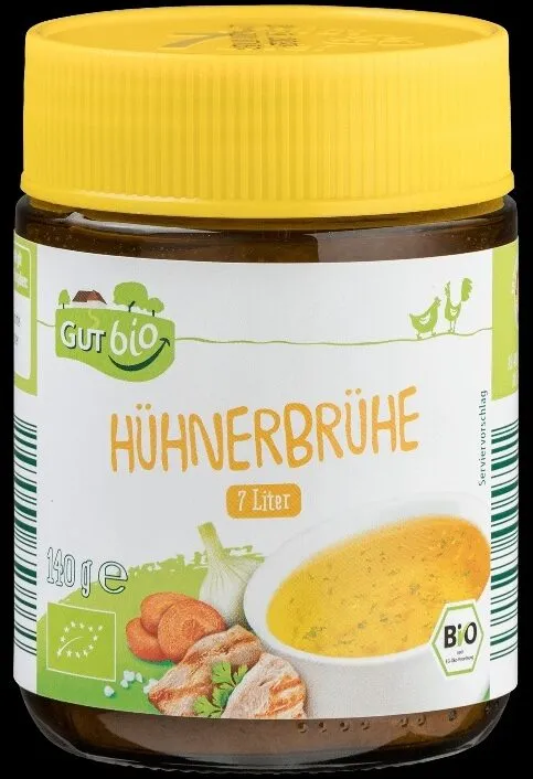 ALDI GUT BIO Huhn Klare Brühe mit Hühnerbrühe Bio-Brühe  Ergiebigkeit ca.7 Liter kontrolliert ökologische Erzeugung 140g Glas 1.39€ 1l 0.20€ 1kg 9.99€