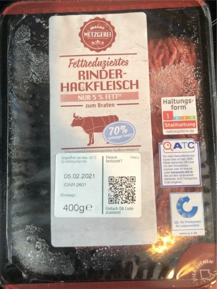 ALDI MEINE METZGEREI Fettreduziertes Rinderhackfleisch Frisch nur 5 % Fett; vielseitig verwendbar Aus der Kühlung 4.79€ 400-g-Packung 1kg 11.98€
