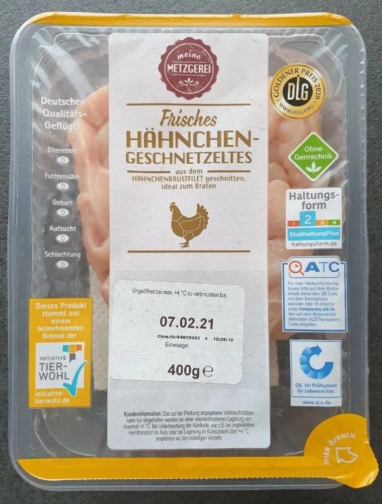 ALDI MEINE METZGEREI Huhn Hähnchen-Geschnetzeltes Frisch aus dem Brustfilet zum Braten Aus der Frischetruhe 3.29€ 400g Packung 1kg 9.98€