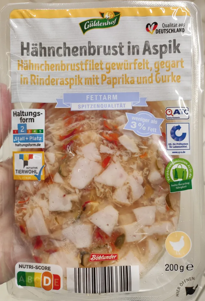 Hähnchenbrustfilet in Rinderaspik mit Paprika & Gurke