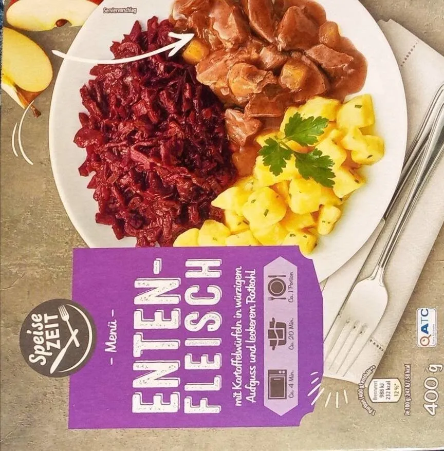 Menü - Entenfleisch mit Kartoffelwürfeln und Rotkohl