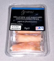Röllchen aus Räucherlachs-Zubereitung gefüllt mit Frischkäsecreme