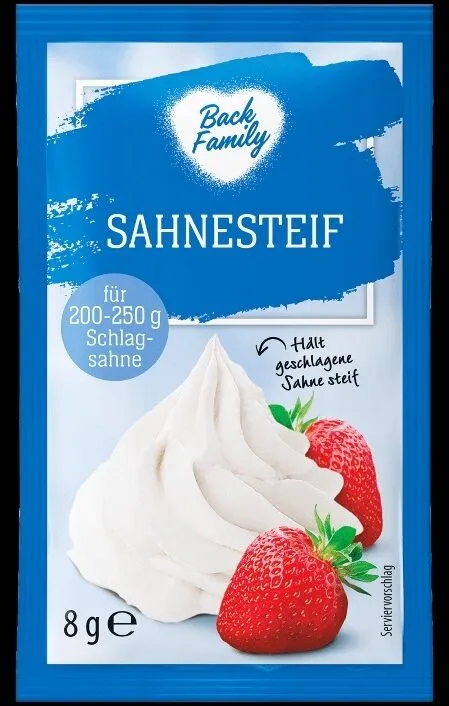 Aldi BACK FAMILY Sahnesteif  Für die Zubereitung von Schlagsahne 0.39€ 5x8g-Packung 1kg 9.75€