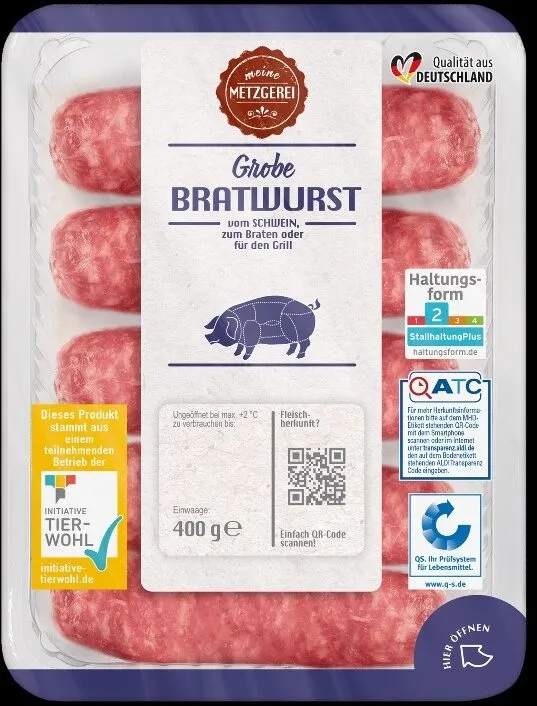 TK-Eigen T ALDI MEINE METZGEREI Schwein Grobe Bratwurst  Frisch; vom Schwein; zum Braten oder für den Grill     Aus der Frischetruhe 2.99 400-g-Packung kg = 7.48