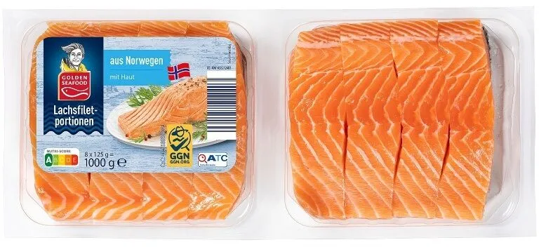ALDI GOLDEN SEAFOOD FISCH Lachsfiletportionen Aus Norwegen frisch mit Haut; zum Braten oder für den Grill aus zertifizierter Aquakultur Aus der Frischetruhe 14.99€ 1kg Packung 1kg 14.99€