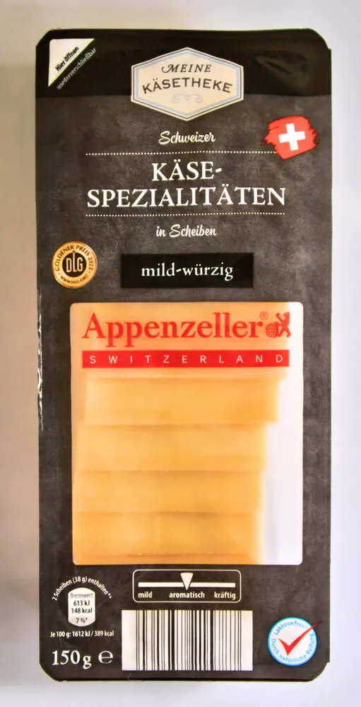 ALDI MEINE KÄSETHEKE Käse Schweizer Käsescheiben Appenzeller mild-würzig In Scheiben 150g 3.29€ 1kg 15,96€