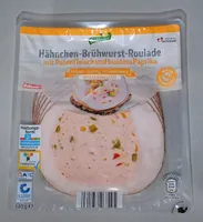 Hähnchen-Brühwurst-Roulade mit Putenfleisch und buntem Paprika