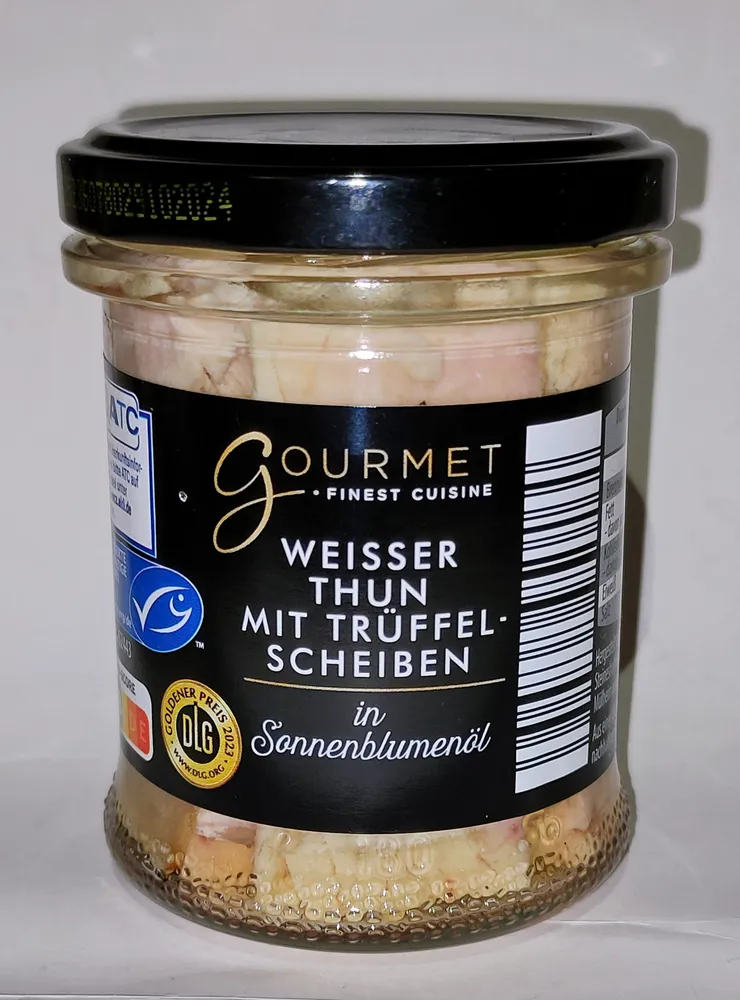 Weißer Thun mit Trüffelscheiben in Sonnenblumenöl