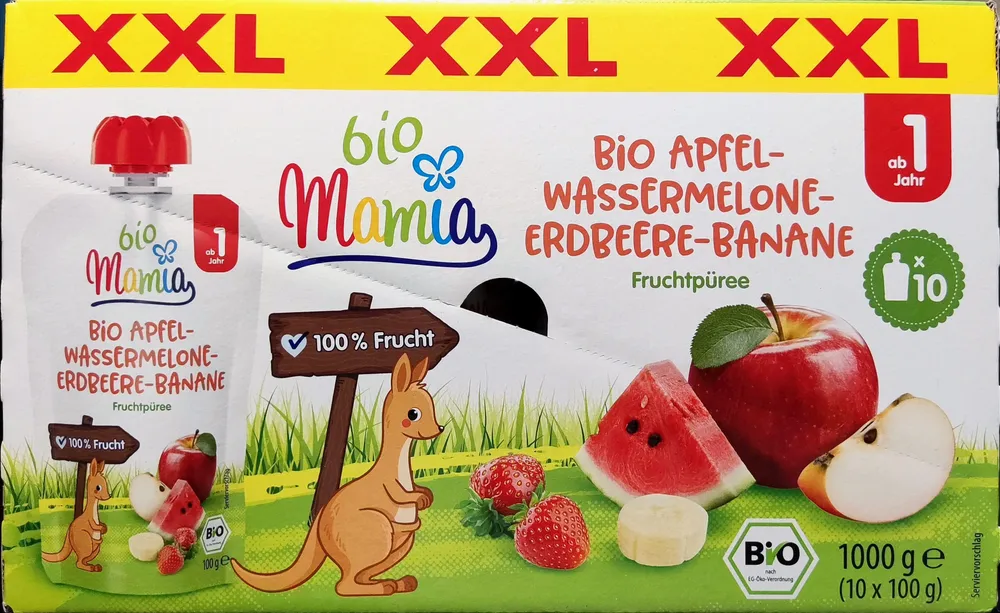 Bio-Fruchtpüree XXL - Apfel-Wassermelone-Erdbeere-Banane