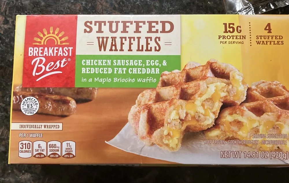 STUFFED WAFFLES Chicken Sausage, Egg, & Reduced Fat Cheddar in a Maple Brioche Waffle