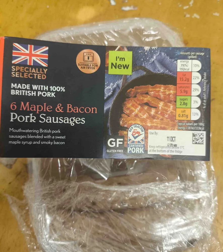 Maple and bacon pork sausages