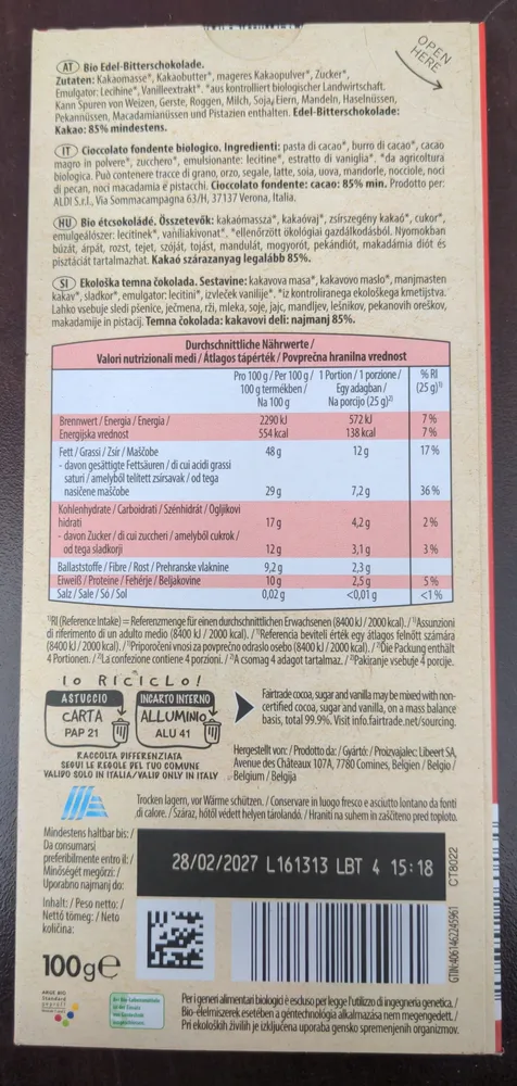 Dark chocolate cacao 85