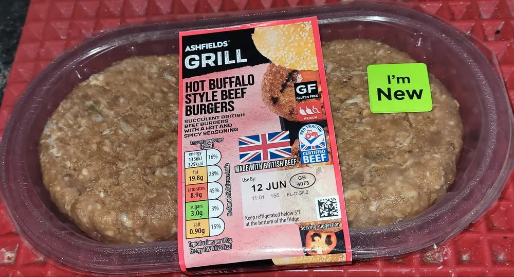 Aldi, Ashfields, Grill, Hot Buffalo Style Beef Burgers