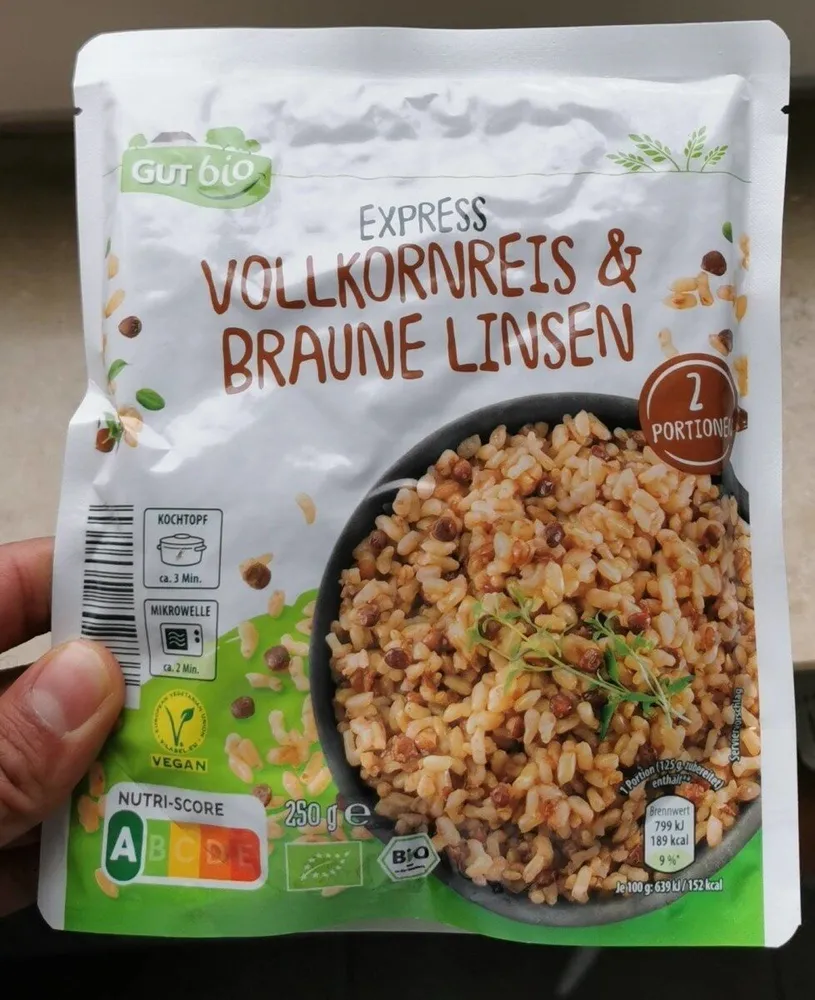 ALDI GUT BIO REIS Express Vollkornreis & Braune Linsen 250g 1.49€ 1kg 5.96€