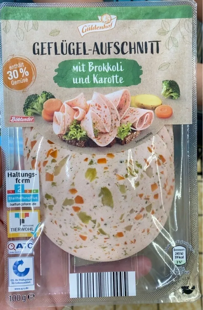 Geflügellyoner mit Brokkoli, Karotte, Rapsöl & Kartoffelgranulat