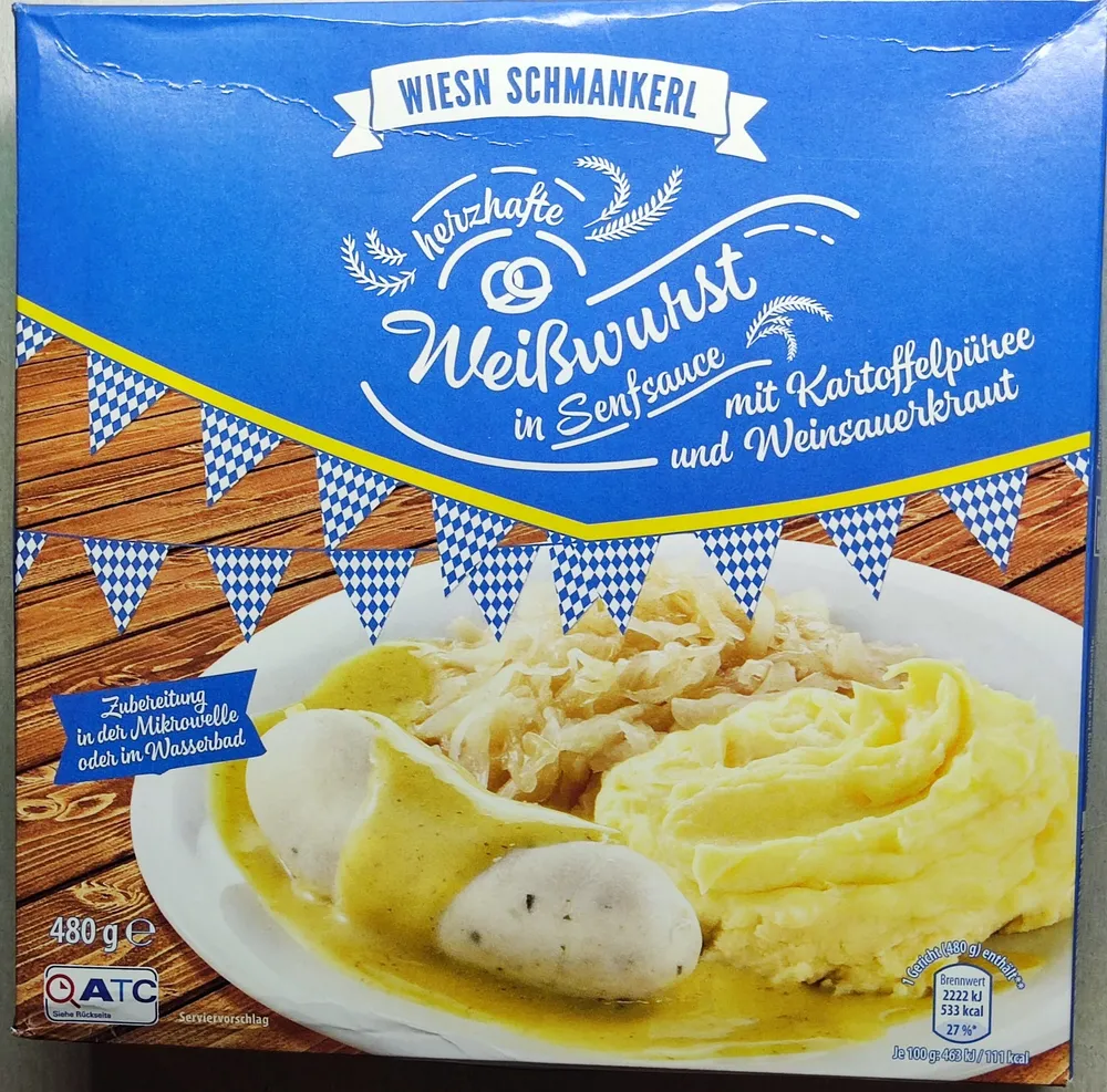 Weißwurst in Senfsauce mit Kartoffelpüree und Weinsauerkraut