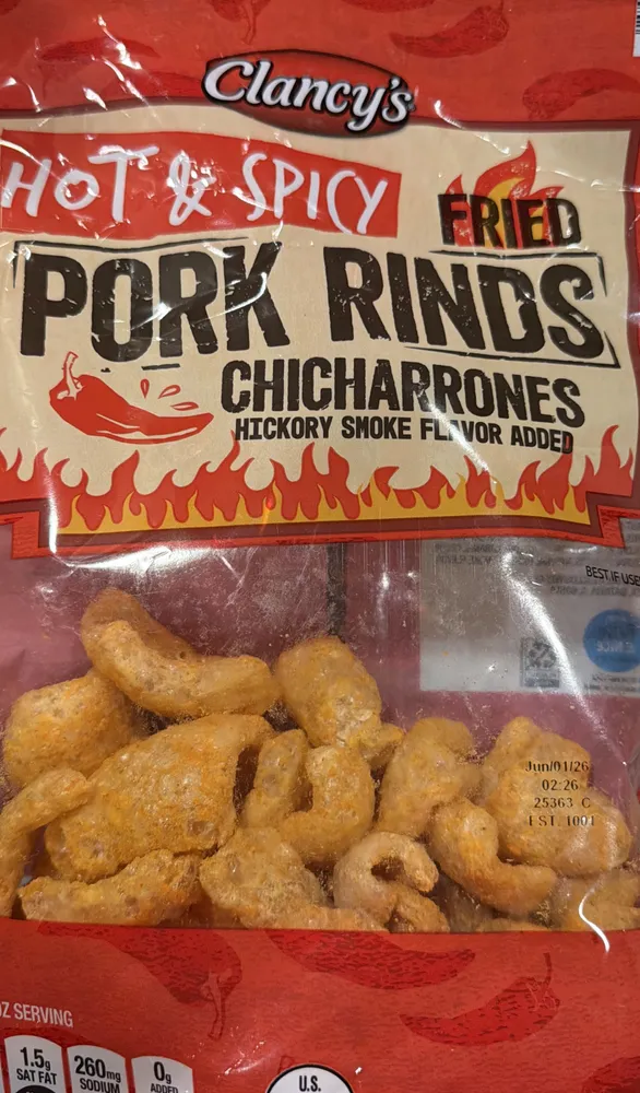 HOT & SPICY FRIED PORK RINDS CHICHARRONES HICKORY SMOKE FLAVOR