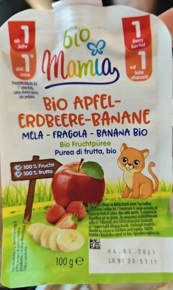 BIO APFEL-ERDBEERE-BANANE MELA - FRAGOLA - BANANA BIO Bio Fruchtpüree Purea di frutta, bio