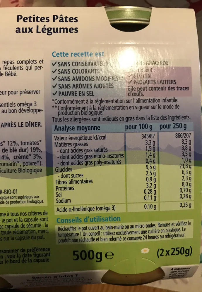 Petit Pot Petites Pates Aux Legs 2X190G Diner