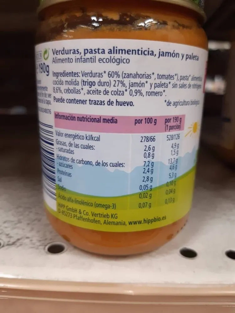 Verduras con pasta y jamón