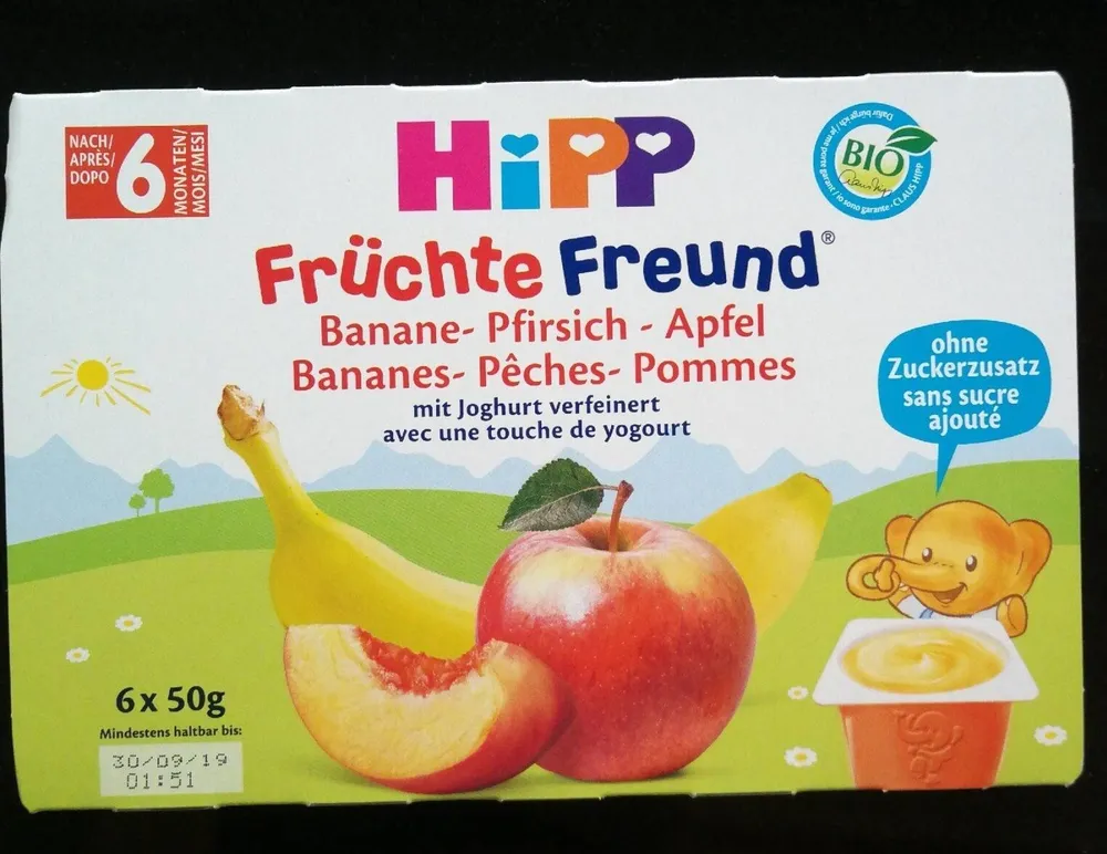 Früchte Freund Bananes-Pêches-Pommes avec yogourt
