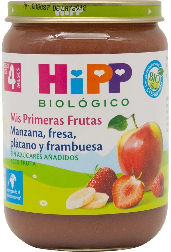 Manzana, fresa, plátano y frambuesa