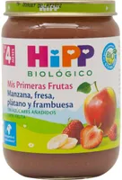 Manzana, fresa, plátano y frambuesa