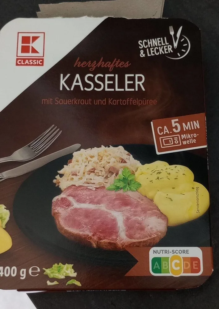Kassler mit Sauerkraut und Kartoffelpüree, Mikrowellengericht, (Datum, weil Lasche weg -> 2-3 Monate)