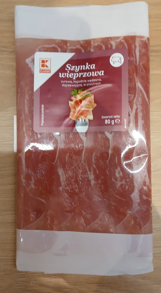 Szynka wieprzowa, surowa, łagodnie wędzona, dojrzewająca w plastrach