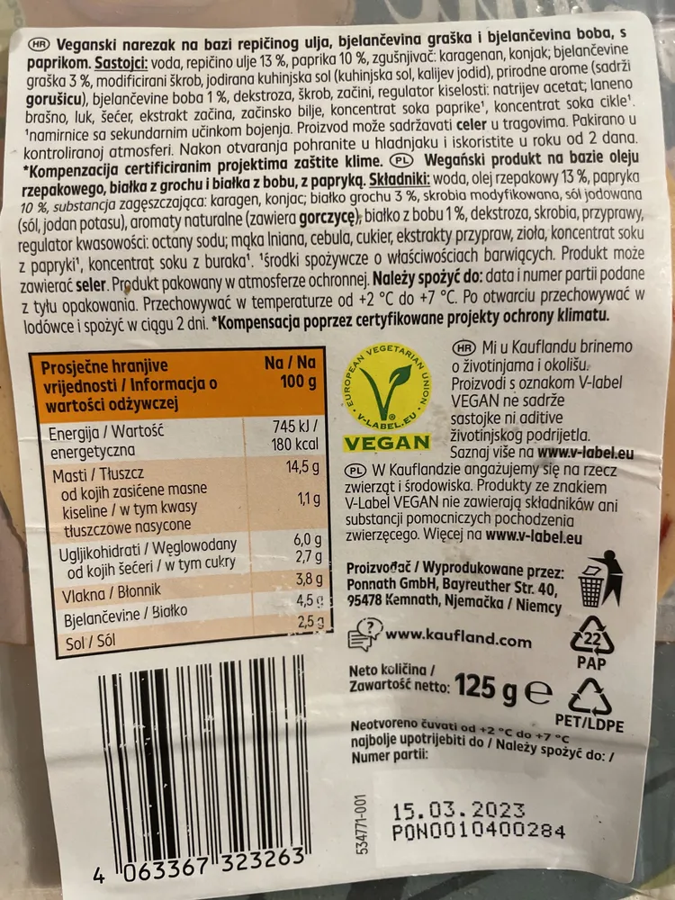 Veganski narezak na bazi repičinog ulja, bjelančevina graška i bjelančevina boba, s paprikom
