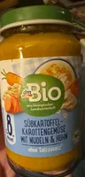 Süßkartoffel-Karottengemüse mit Nudeln und Huhn (ab 8. Monat)