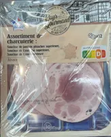 Assortiment de charcuterie : Saucisse de jambon pistachée supérieure, Saucisse de Lyon fine supérieure, Saucisse de Lyon supérieure Alsace