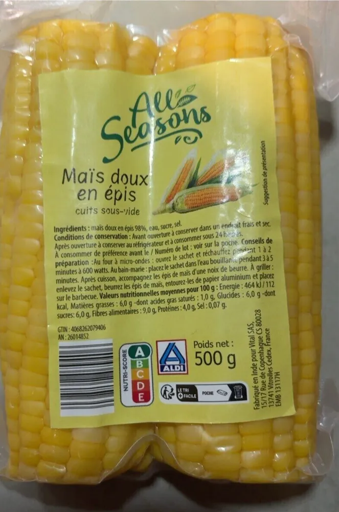 Maïs doux en épis cuits sous-vide