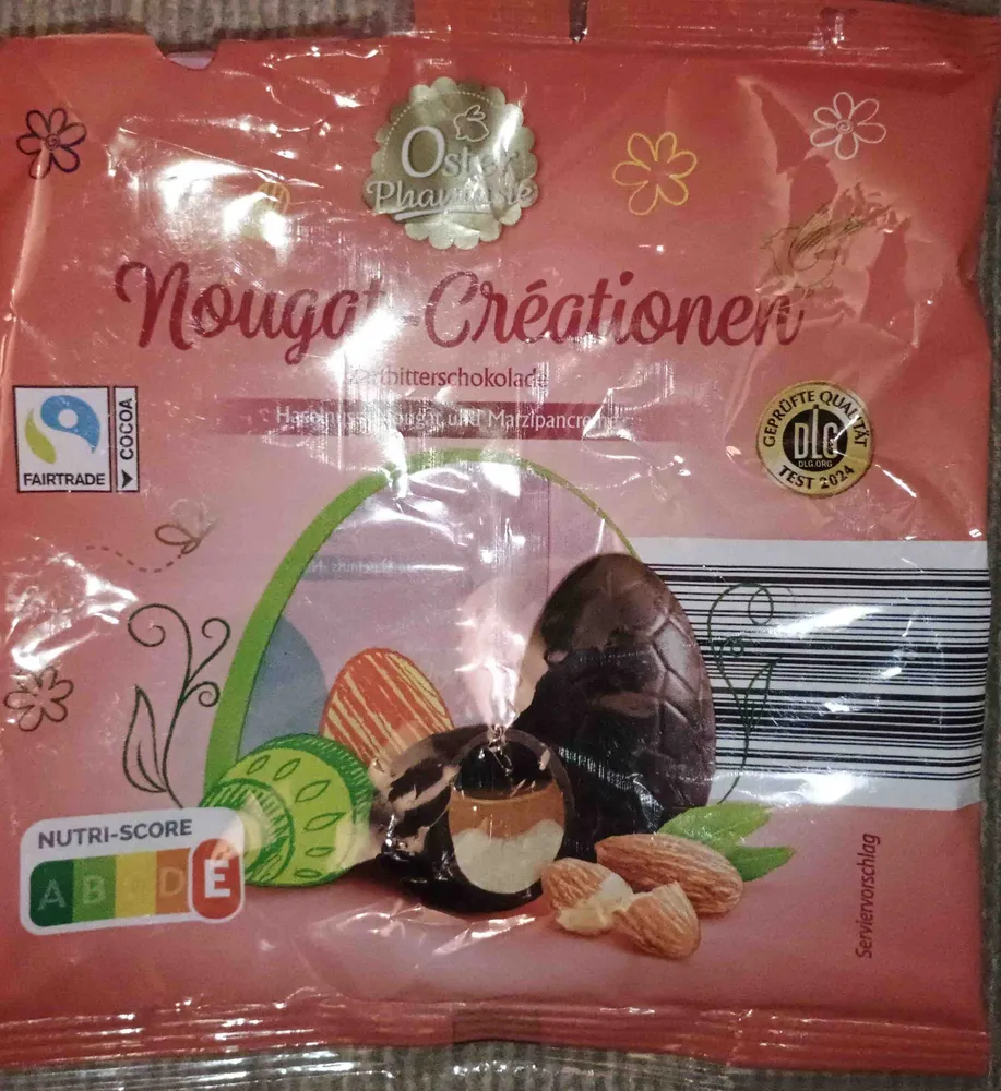 Nougat-Créationen, Zartbitterschokolade, Hasenuss-Nougat und Marzipancreme