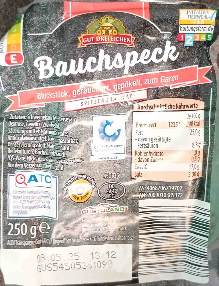 Bauchspeck, Blockstück, geräuchert, gepökelt, zum Garen