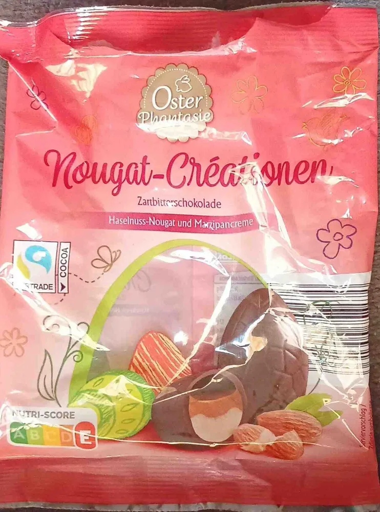 Nougat-Créationen, Zartbitterschololade, Haselnuss-Noigat und Marzipancreme