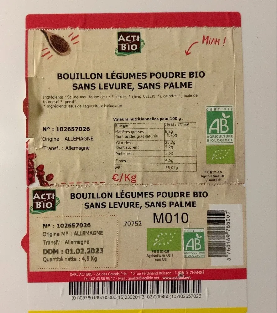 Bouillon légumes poudre bio sans levure sans palme