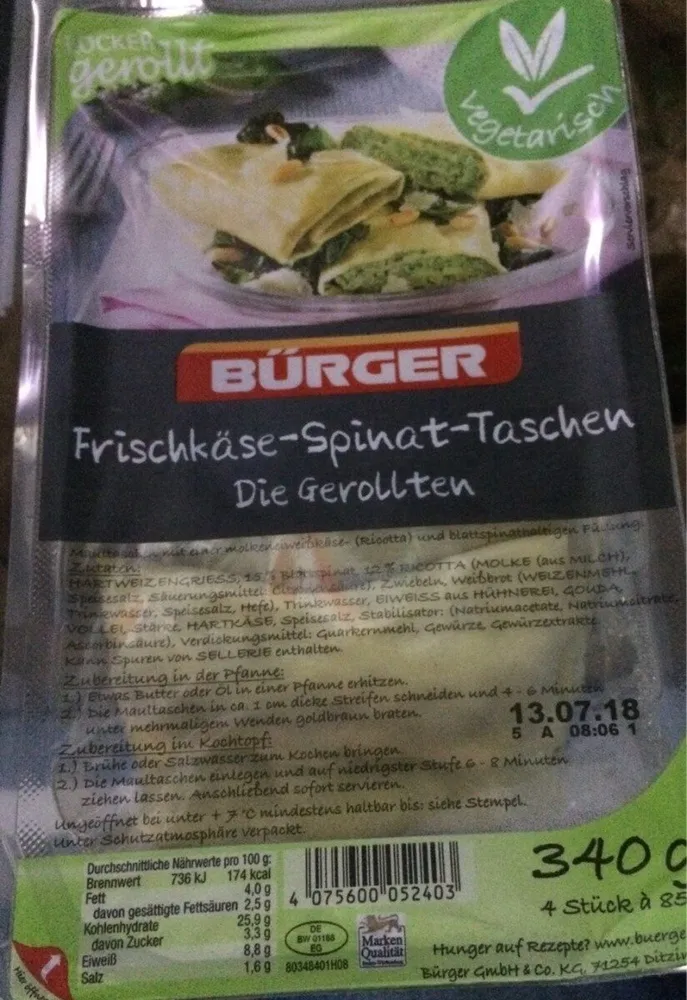 Bürger Maultaschen Frischkäse spinat, 340 g