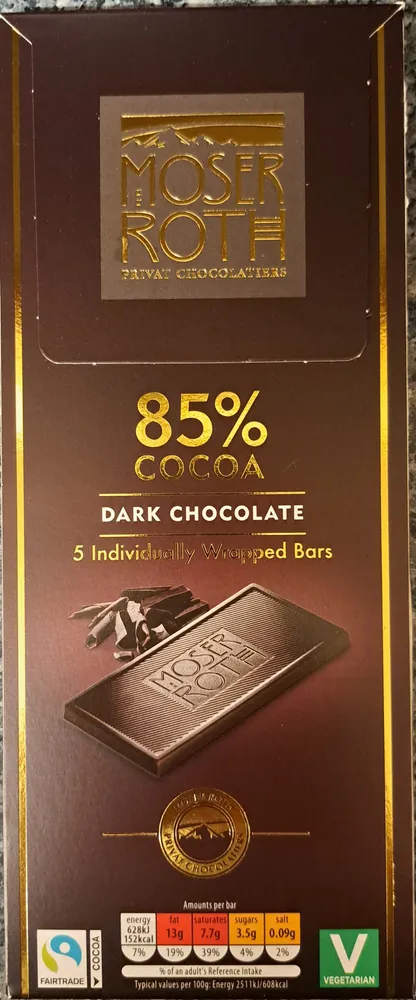 85% COCOA DARK CHOCOLATE 5 Individually Wrapped Bars